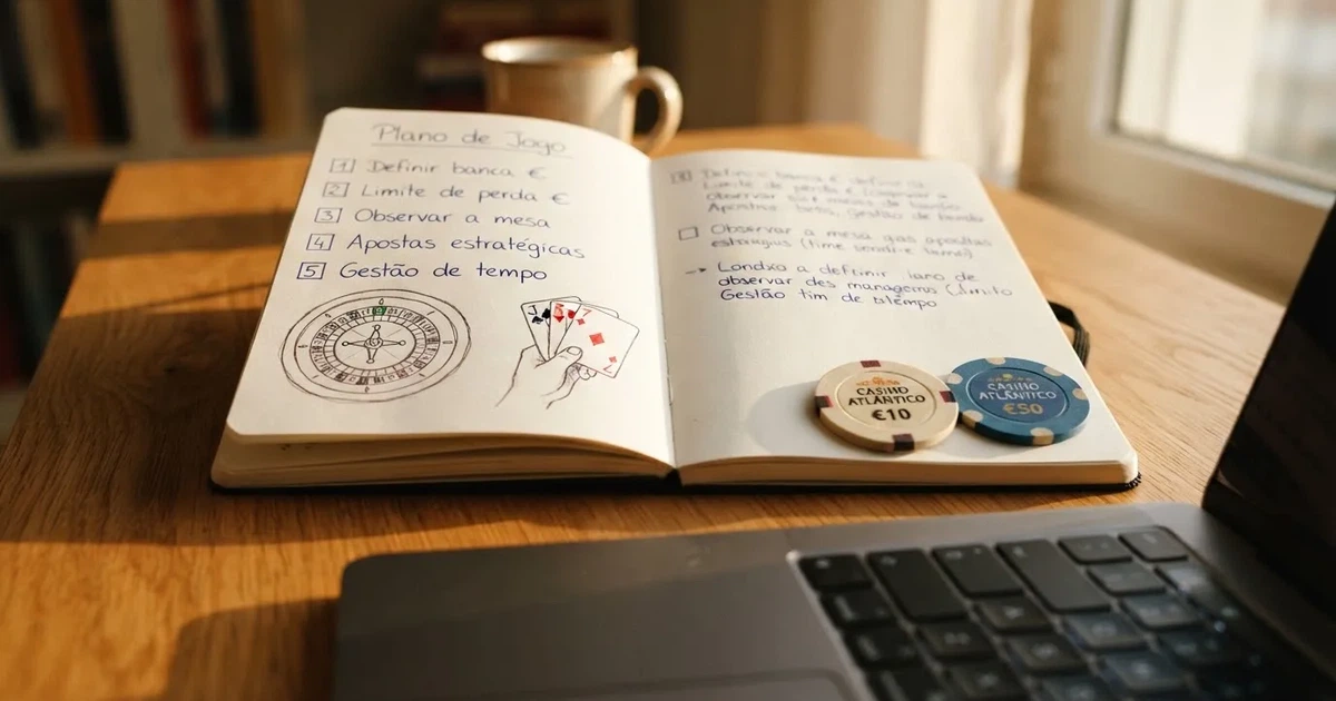 Caderno com um esboço passo a passo ao lado de um teclado — como jogar em casino pt