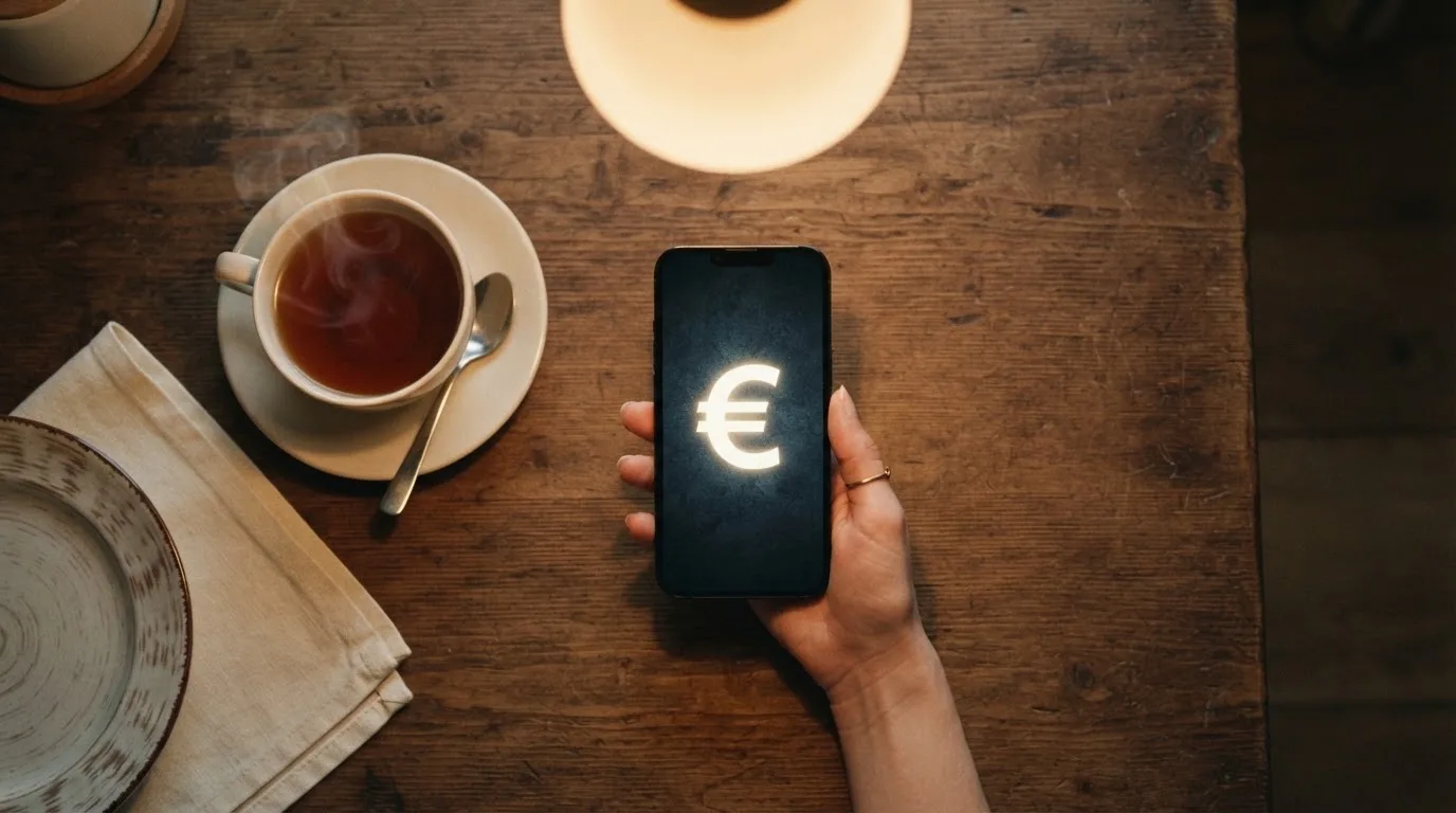 Mão a segurar um telemóvel ao lado de uma chávena de chá numa mesa de cozinha, numa noite tranquila — estoril casino em portugal