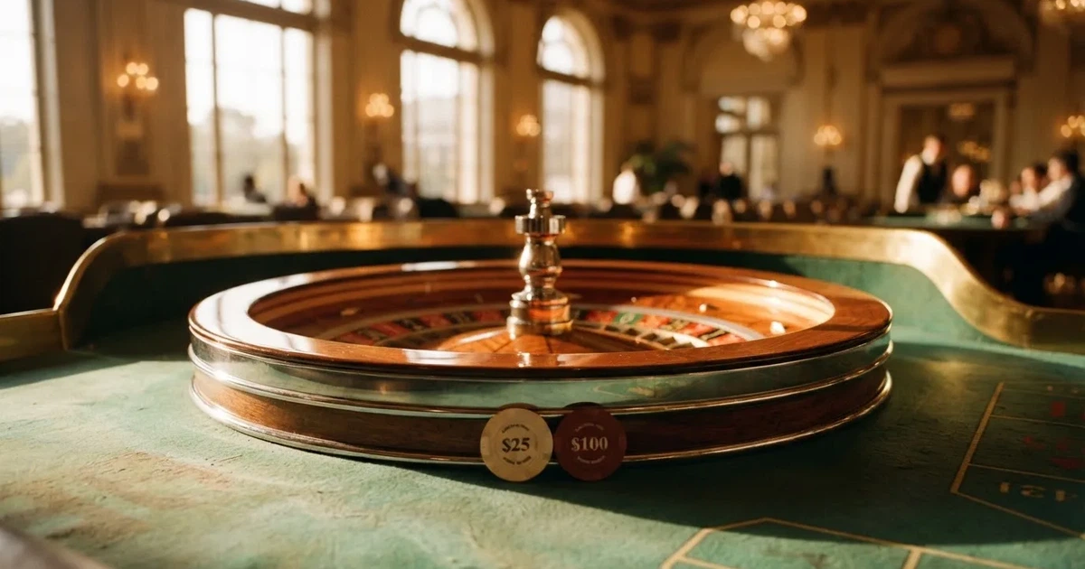 Roda de roleta e fichas sobre feltro verde, sob uma luz quente de fim de tarde — estoril casino em portugal