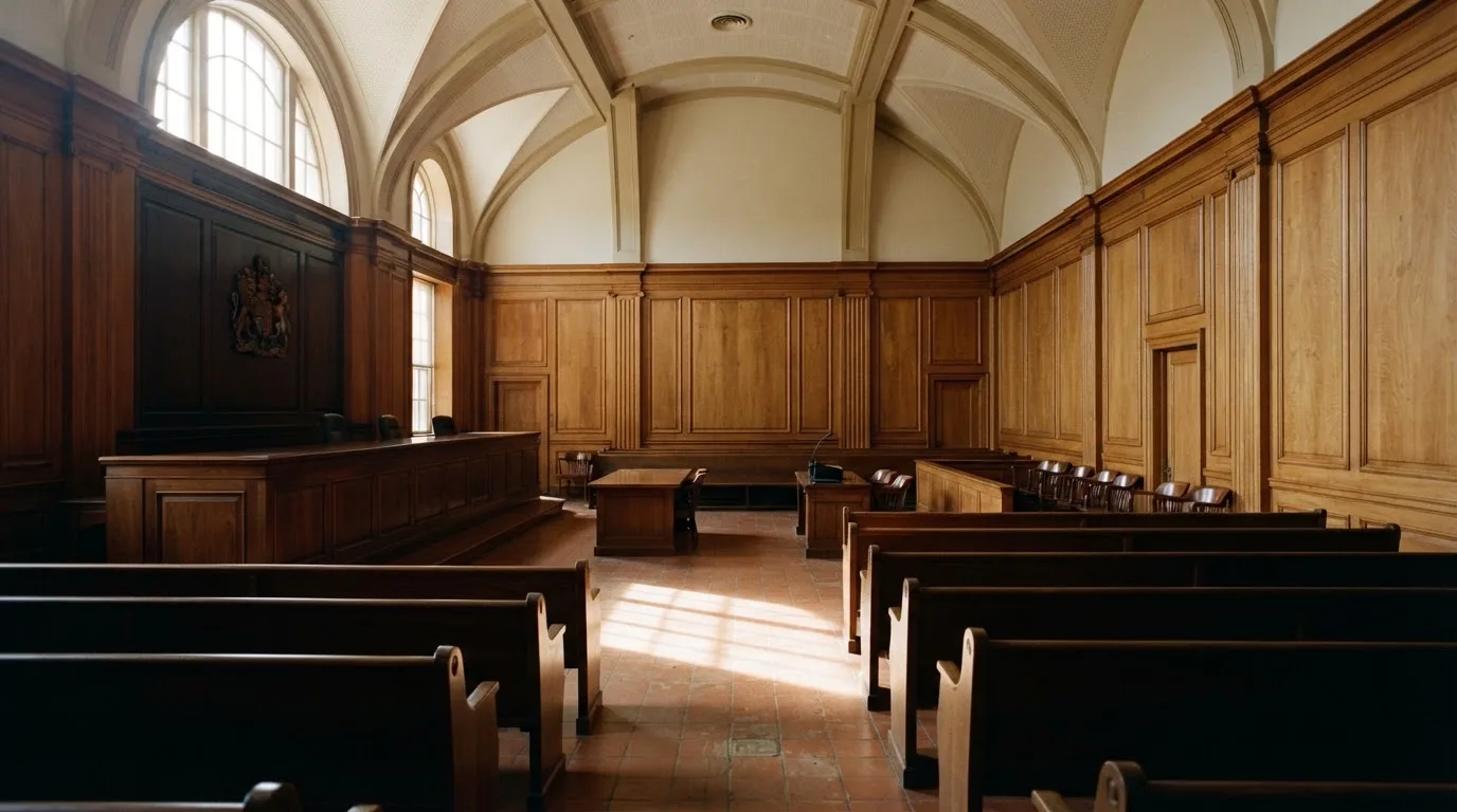 Sala de tribunal vazia com painéis de madeira, à luz da manhã — estratégia de blackjack para portugueses
