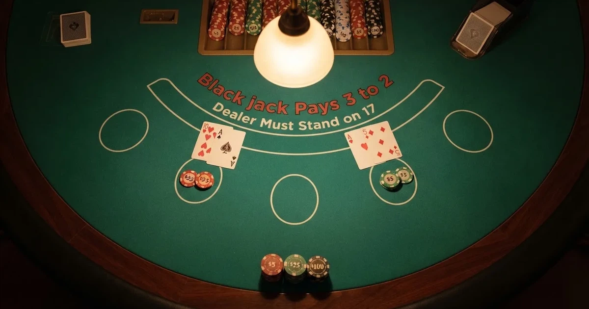 Mesa de jogo iluminada com cartas, vista de cima — estratégia de blackjack para portugueses