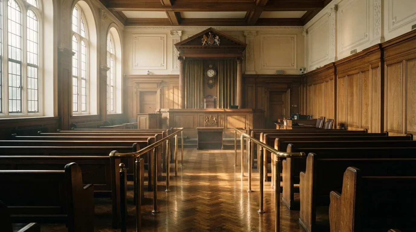 Sala de tribunal vazia com painéis de madeira, à luz da manhã — estratégia de roleta para portugueses