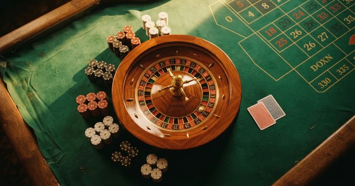 Mesa de jogo iluminada com cartas, vista de cima — estratégia de roleta para portugueses