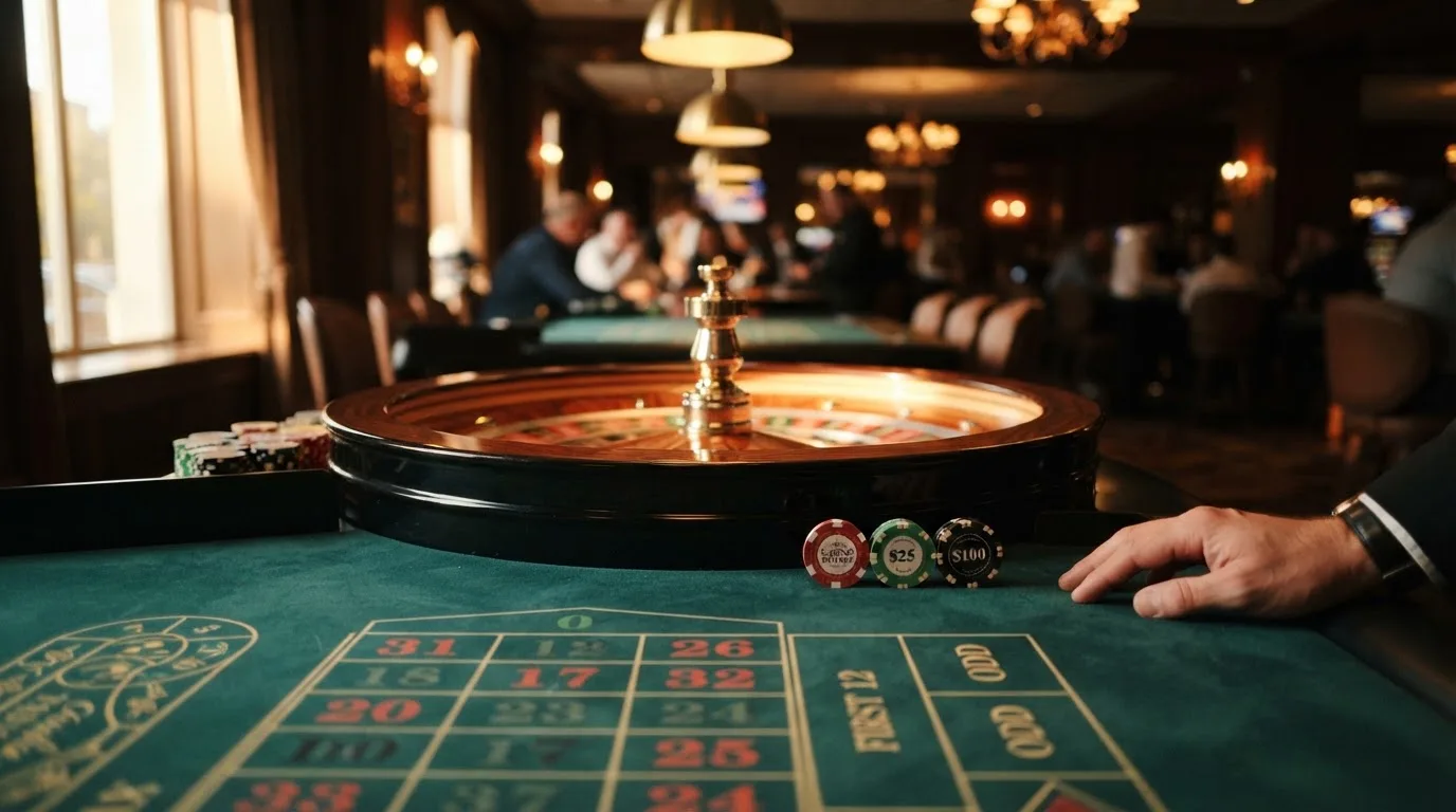 Roda de roleta e fichas sobre feltro verde, sob uma luz quente de fim de tarde — guias de casino para os portugueses