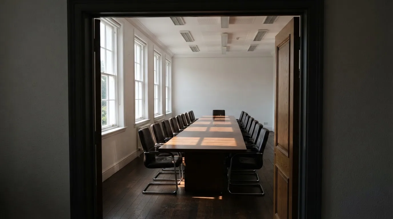 Sala de reuniões de um organismo público com mesa comprida, cadeiras alinhadas e janelas altas, sem pessoas, luz de manhã.