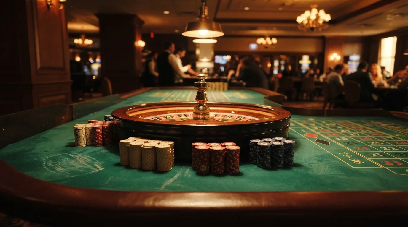 Roda de roleta e fichas sobre feltro verde, sob uma luz quente de fim de tarde — jogar no casino em portugal