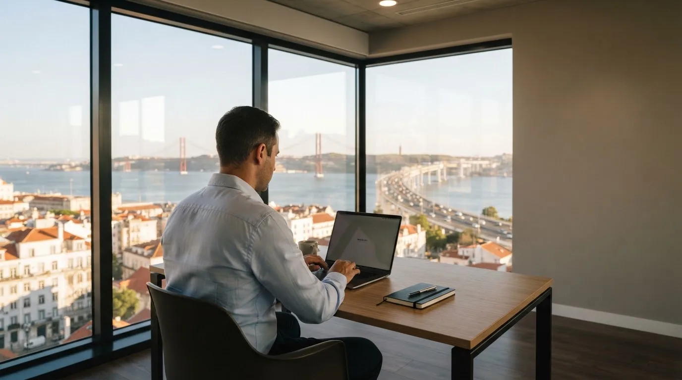 Profissional de um serviço público a trabalhar ao portátil numa sala de escritório moderna em Lisboa, com grandes janelas e vista para o rio Tejo.