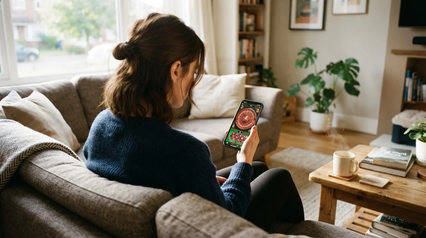 Mulher sentada num sofá a jogar roleta no telemóvel, com uma chávena de café na mesa e luz natural a entrar pela janela.
