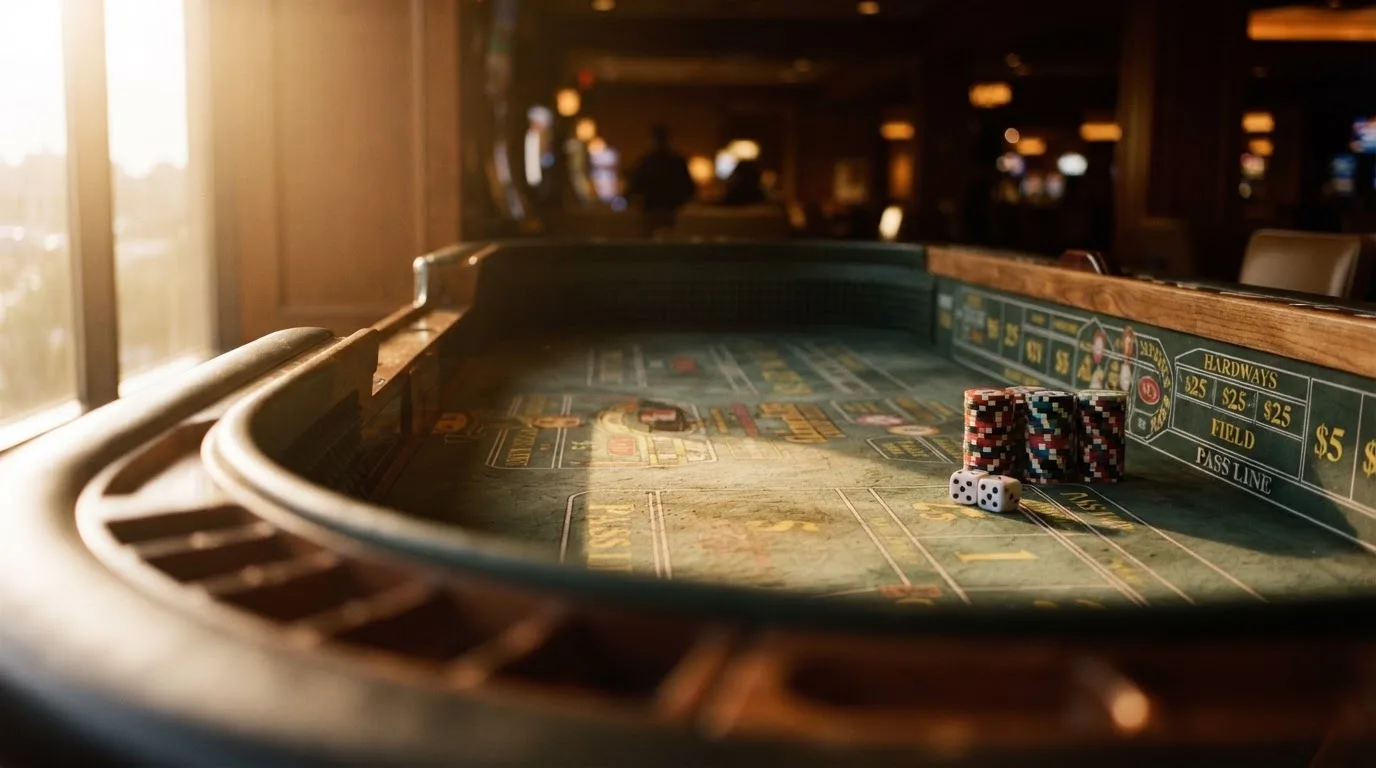 Roda de roleta e fichas sobre feltro verde, sob uma luz quente de fim de tarde — jogo de craps em portugal