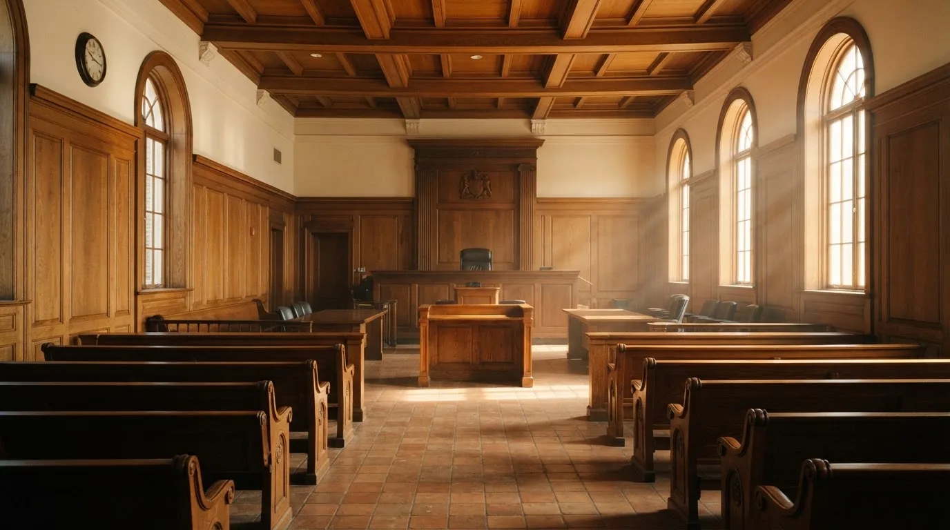 Sala de tribunal vazia com painéis de madeira, à luz da manhã — jogos de caça-níqueis em portugal