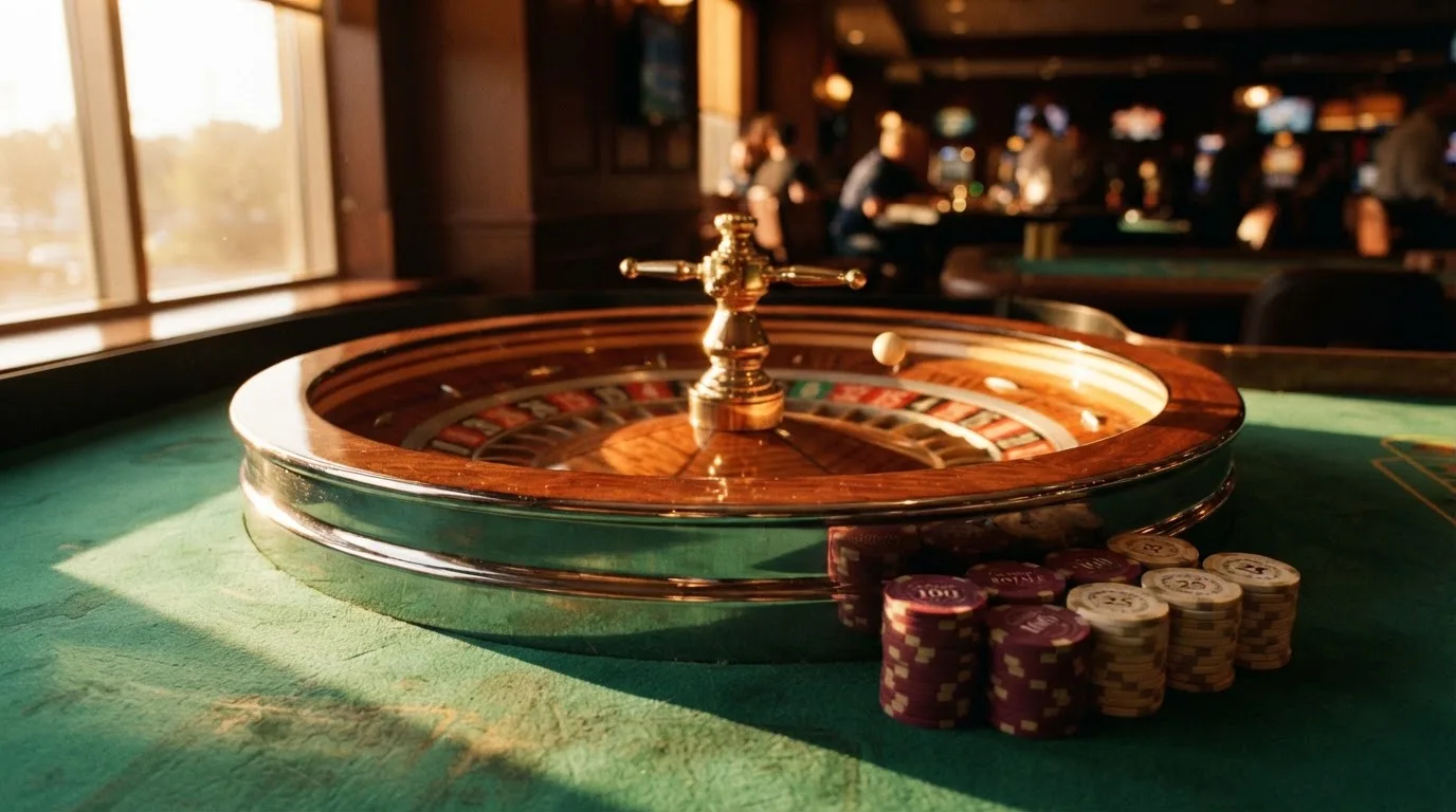 Roda de roleta e fichas sobre feltro verde, sob uma luz quente de fim de tarde — jogos de caça-níqueis em portugal