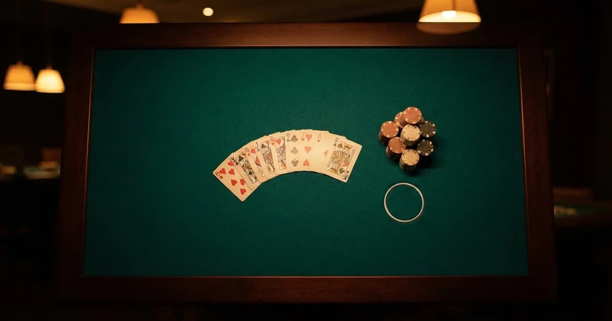 Mesa de jogo iluminada com cartas, vista de cima — jogos de caça-níqueis em portugal