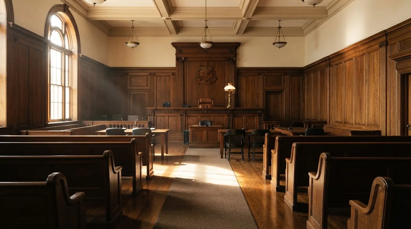 Sala de tribunal vazia com painéis de madeira, à luz da manhã — jogos de casino em portugal