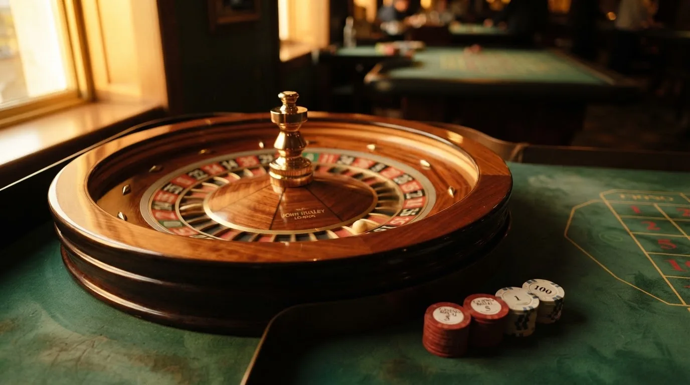 Roda de roleta e fichas sobre feltro verde, sob uma luz quente de fim de tarde — jogos de casino em portugal