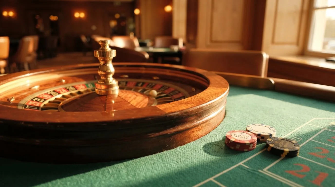 Roda de roleta e fichas sobre feltro verde, sob uma luz quente de fim de tarde — jogos de casino grátis pt