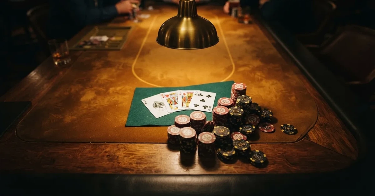 Mesa de jogo iluminada com cartas, vista de cima — jogos de casino grátis pt