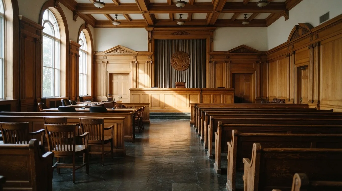 Sala de tribunal vazia com painéis de madeira, à luz da manhã — jogos de casino online pt