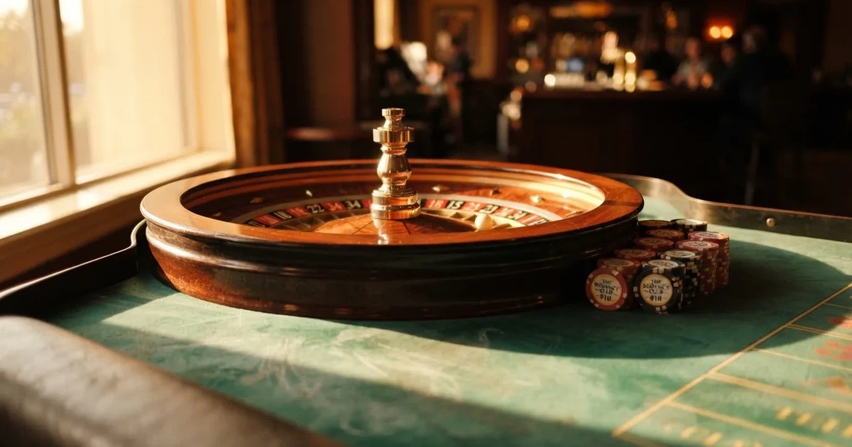 Roda de roleta e fichas sobre feltro verde, sob uma luz quente de fim de tarde — jogos de cassino em portugal