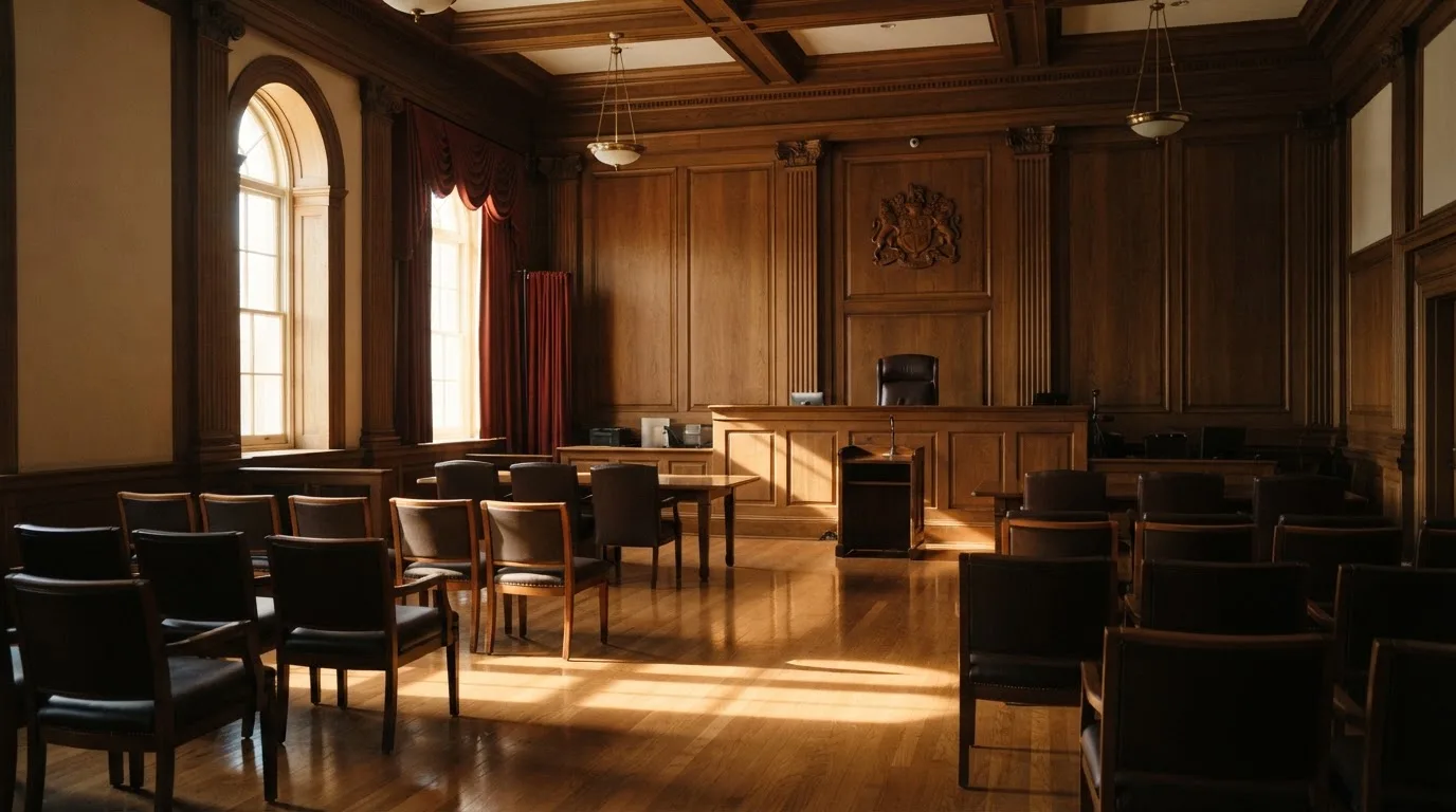 Sala de tribunal vazia com painéis de madeira, à luz da manhã — jogos de roleta em casino pt