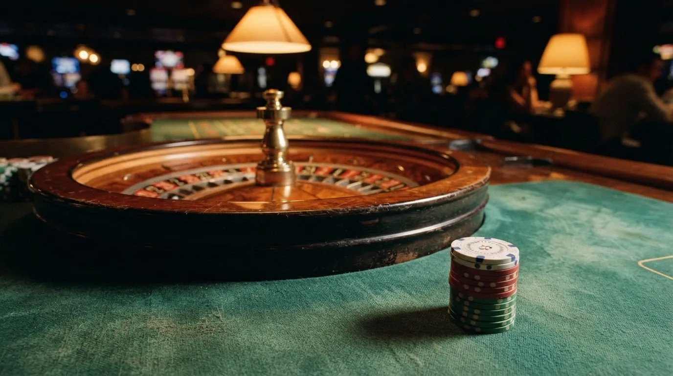 Roda de roleta e fichas sobre feltro verde, sob uma luz quente de fim de tarde — jogos de roleta em casino pt