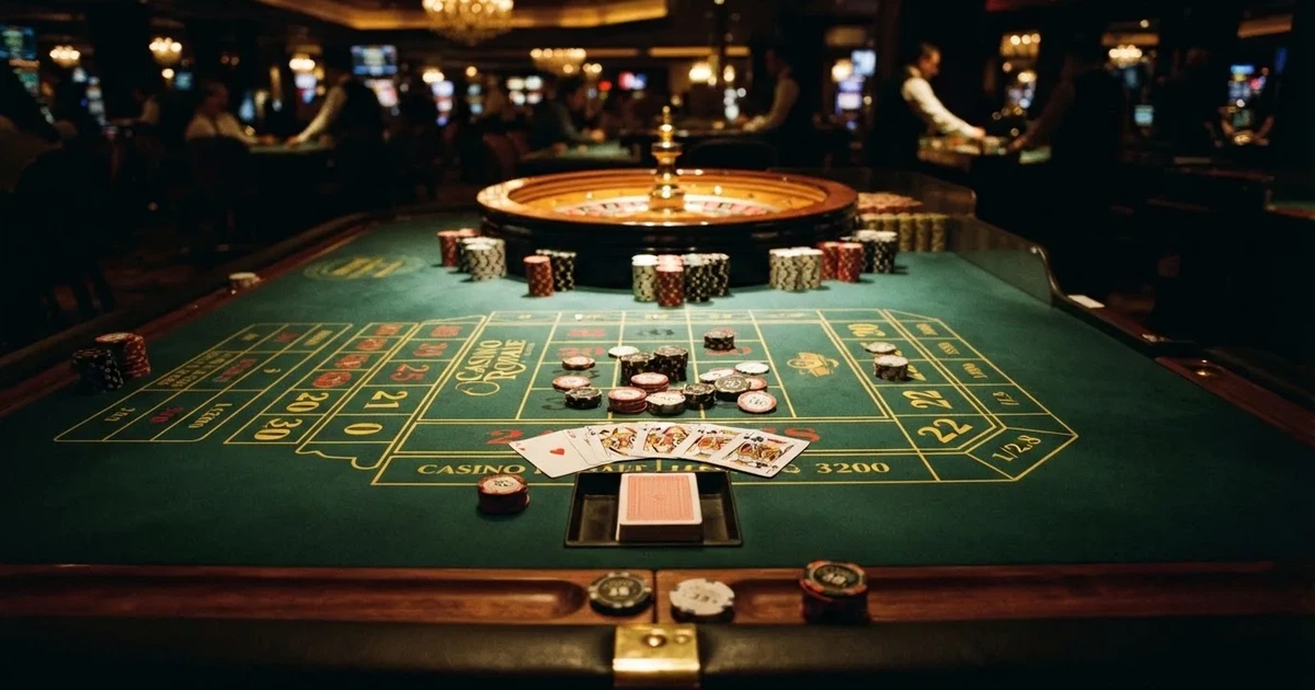 Mesa de jogo iluminada com cartas, vista de cima — jogos de roleta em casino pt
