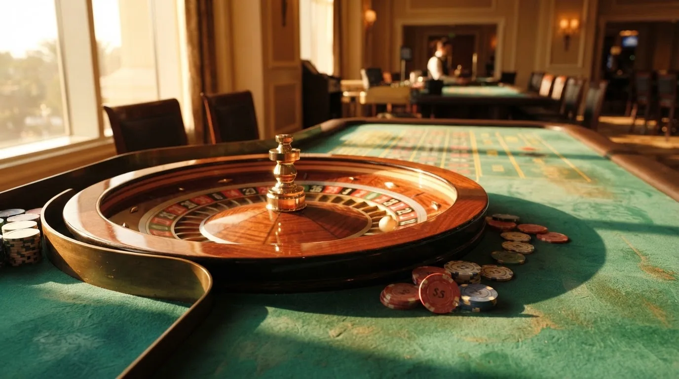 Roda de roleta e fichas sobre feltro verde, sob uma luz quente de fim de tarde — jogos de slots em portugal