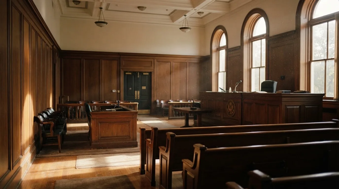 Sala de tribunal vazia com painéis de madeira, à luz da manhã — live casinos em portugal