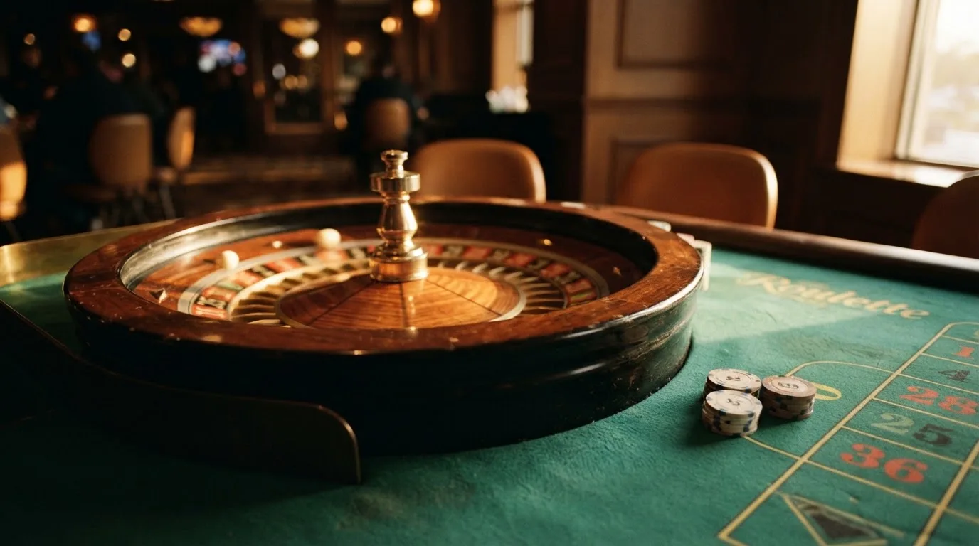 Roda de roleta e fichas sobre feltro verde, sob uma luz quente de fim de tarde — live casinos em portugal