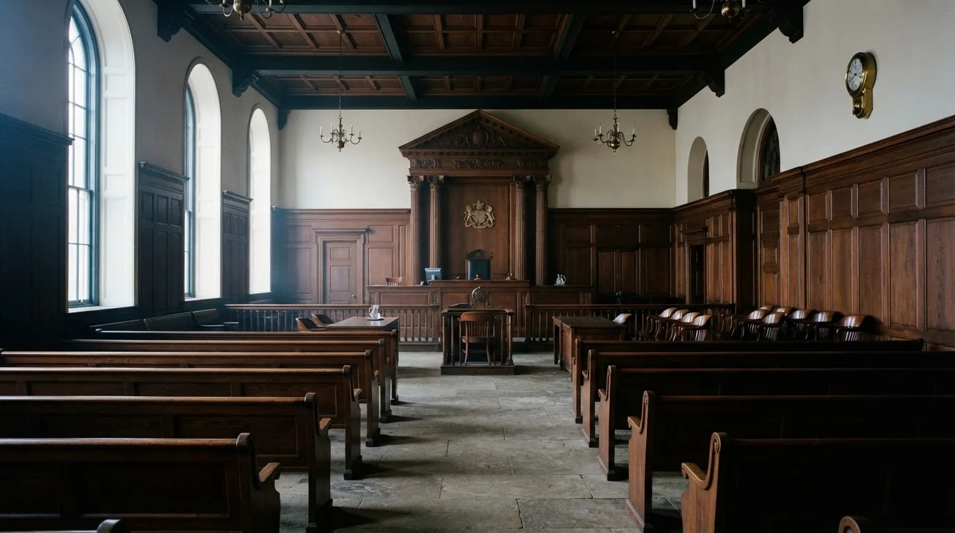 Sala de tribunal vazia com painéis de madeira, à luz da manhã — máquinas de casino em portugal