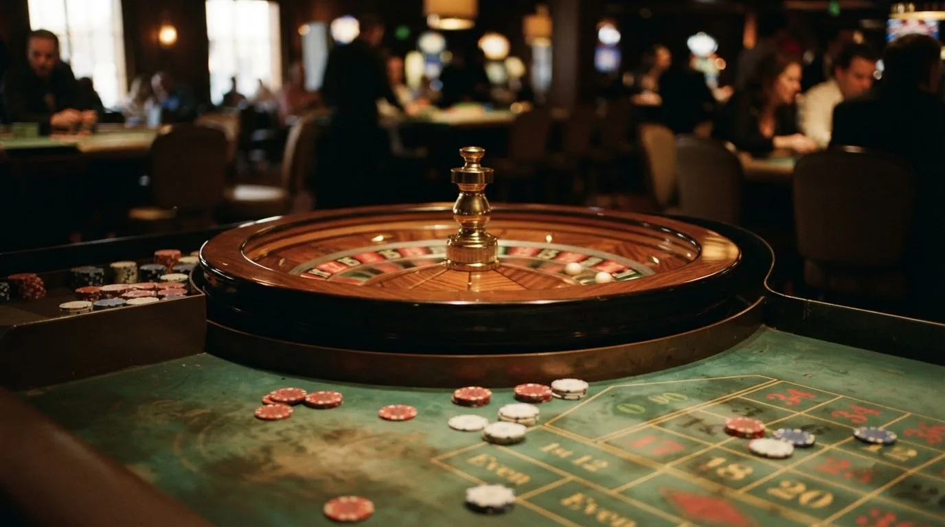 Roda de roleta e fichas sobre feltro verde, sob uma luz quente de fim de tarde — máquinas de casino em portugal