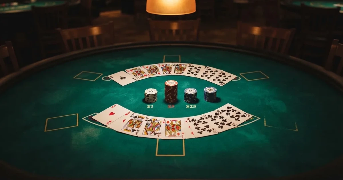 Mesa de jogo iluminada com cartas, vista de cima — máquinas de casino em portugal