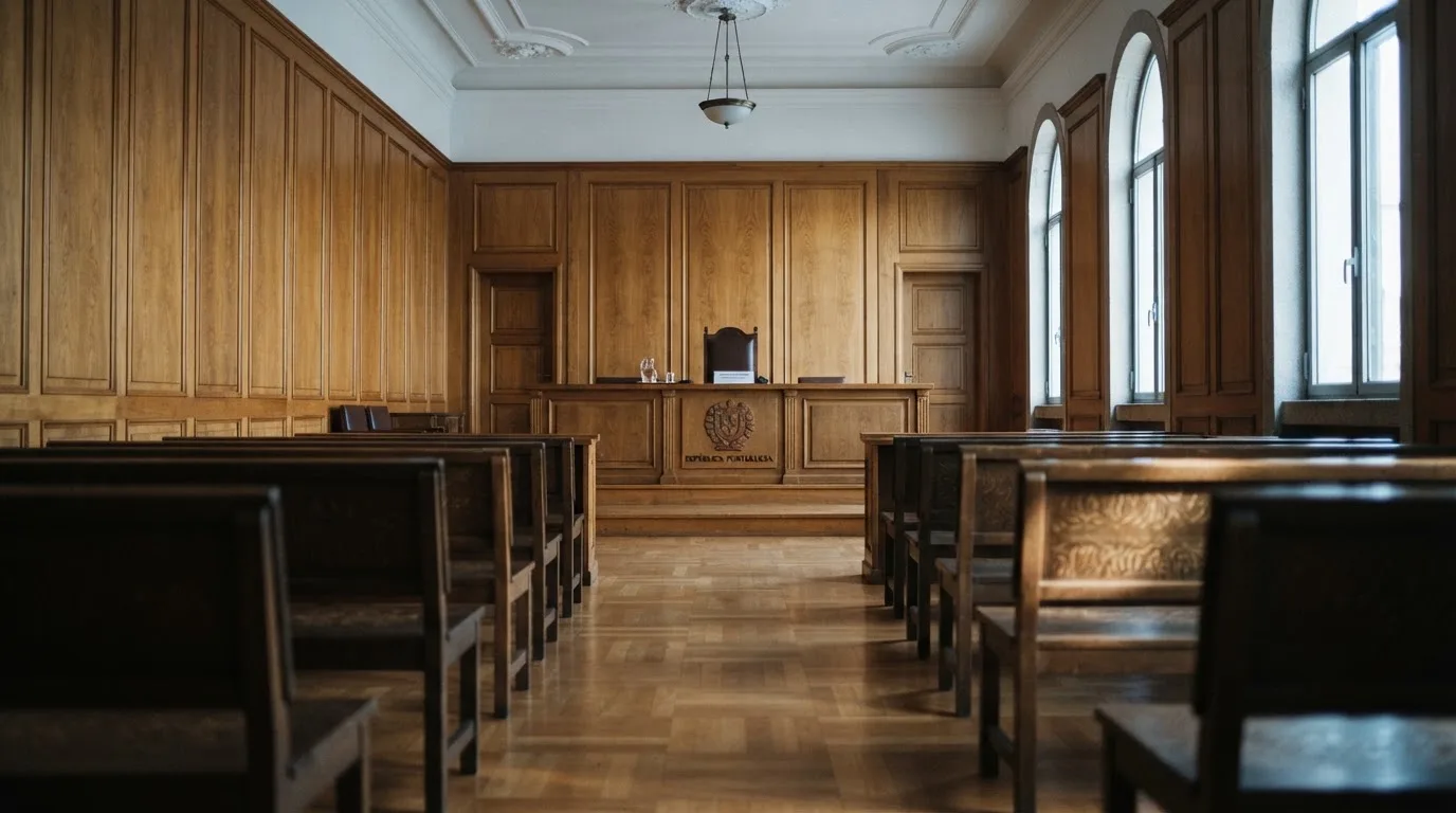 Sala de tribunal vazia com painéis de madeira, à luz da manhã — melhor blackjack em portugal