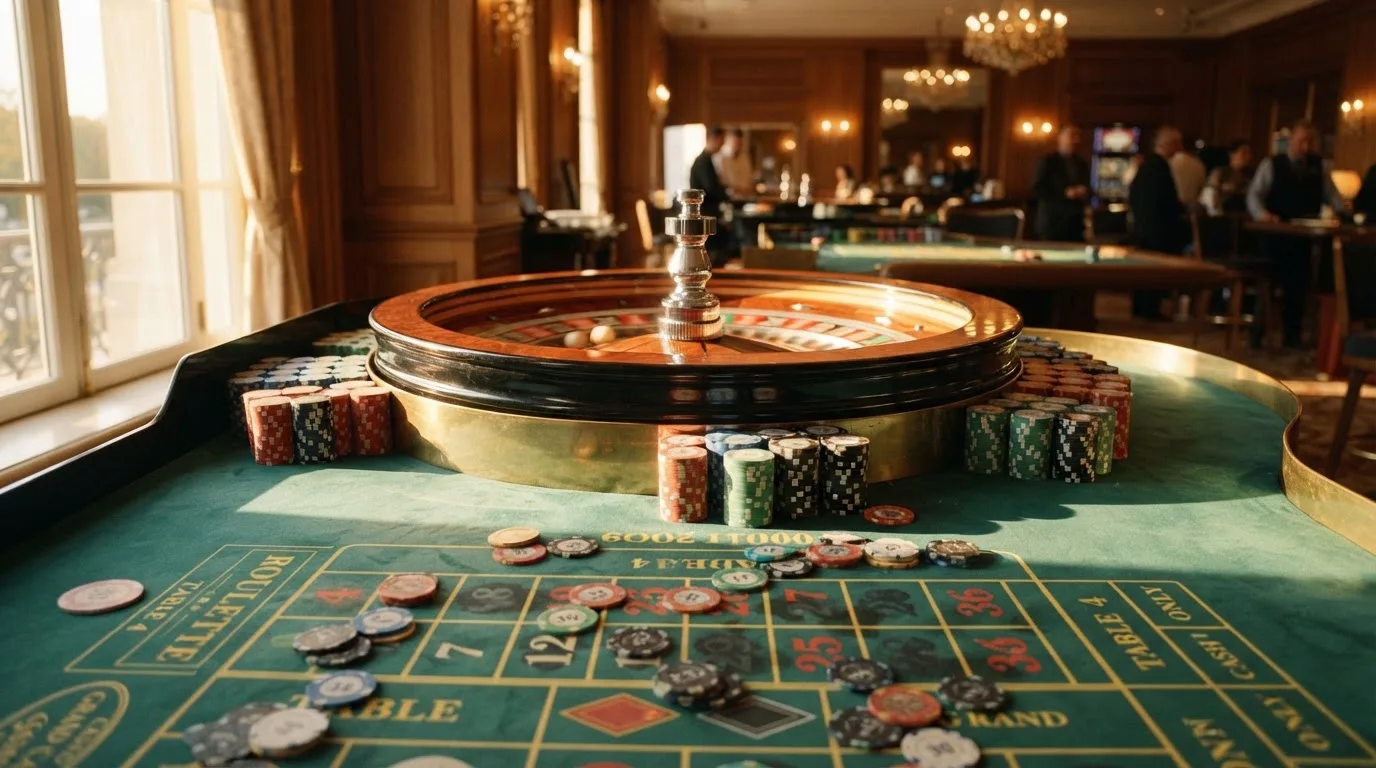 Roda de roleta e fichas sobre feltro verde, sob uma luz quente de fim de tarde — melhor blackjack em portugal