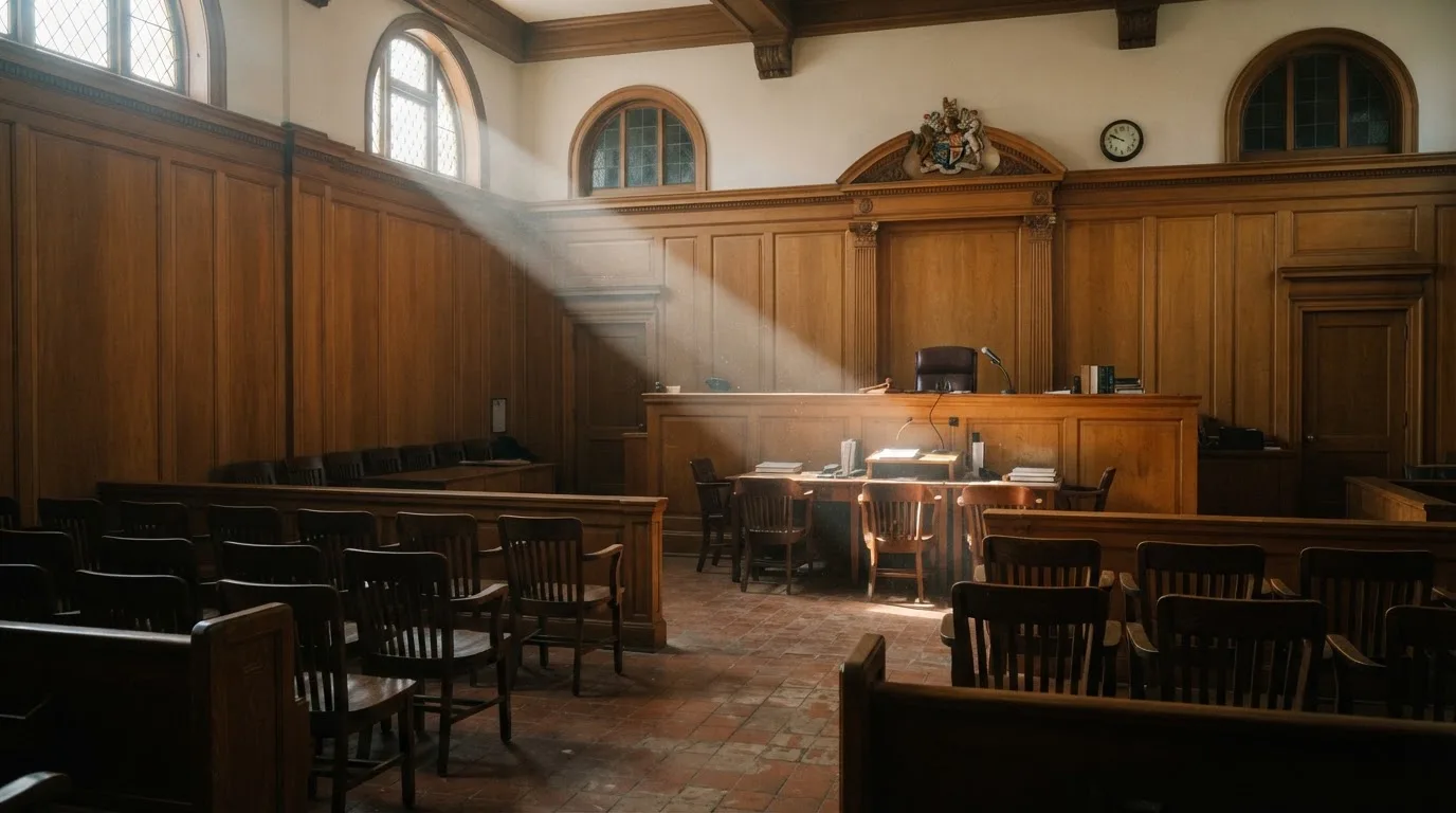 Sala de tribunal vazia com painéis de madeira, à luz da manhã — melhor roleta em portugal
