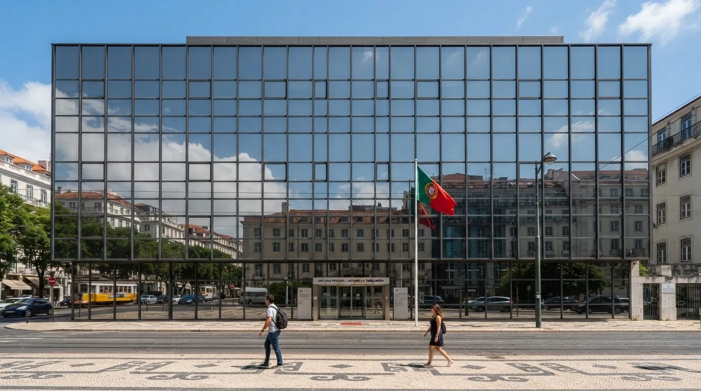 Edifício de escritórios de um organismo público em Lisboa, visto da rua, com vidros espelhados a refletir o céu e uma bandeira.