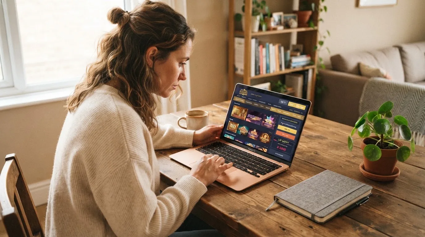 Pessoa a explorar um casino online no portátil numa mesa de sala, com bloco de notas fechado e uma planta ao lado.