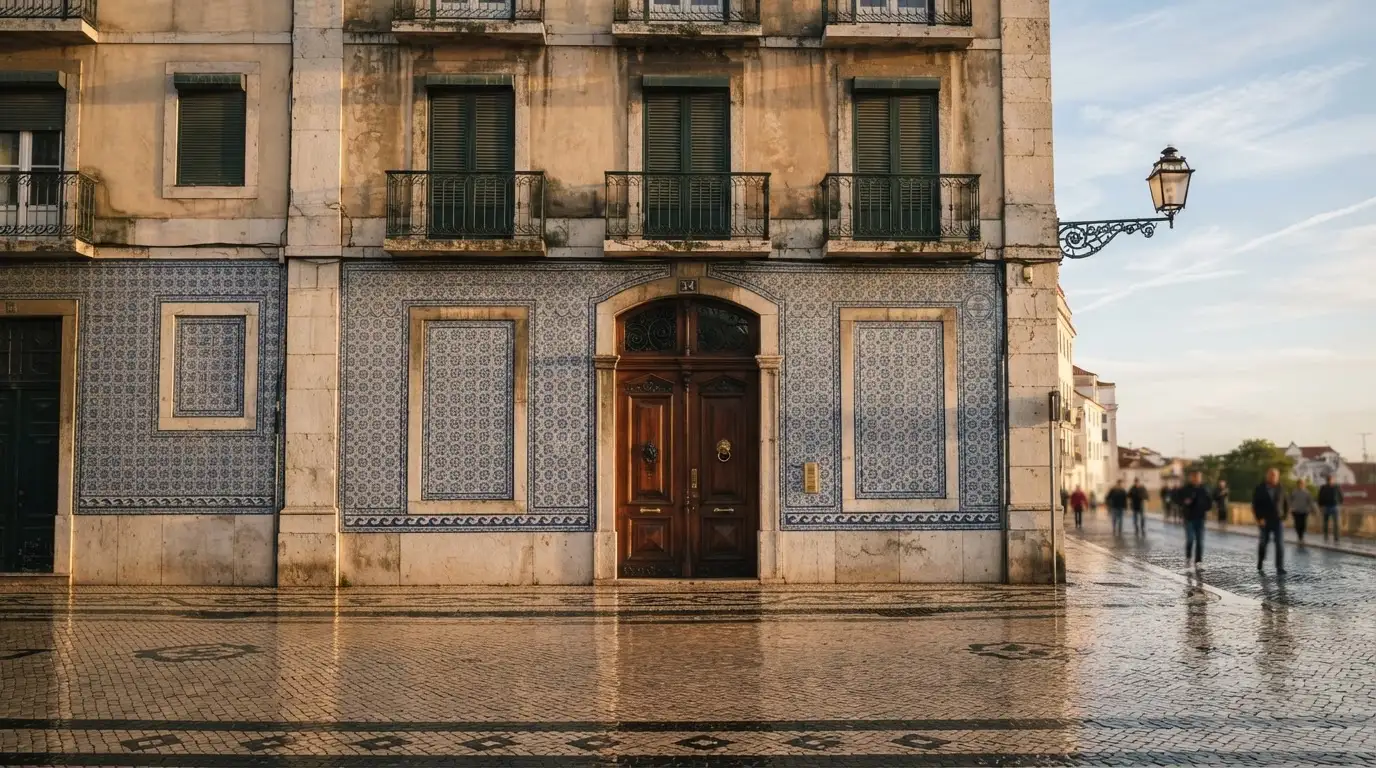 Fachada de um edifício oficial lisboeta com azulejos e portas altas, rua em calçada portuguesa e um candeeiro antigo.