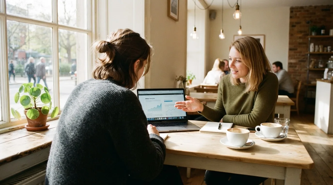 Duas pessoas a comparar opções à mesa de um café, com portátil aberto e dois cafés, luz natural de janela.