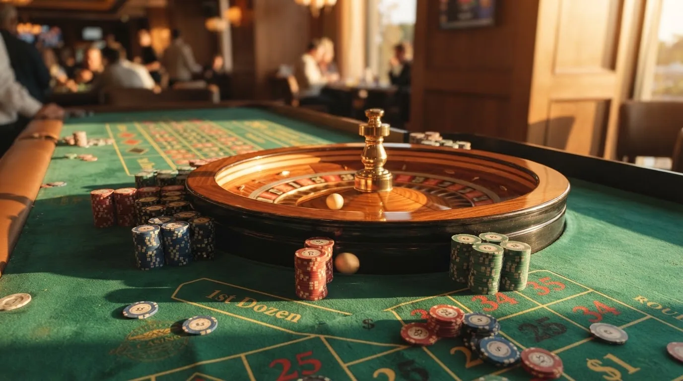 Roda de roleta e fichas sobre feltro verde, sob uma luz quente de fim de tarde — mesas de casino em portugal