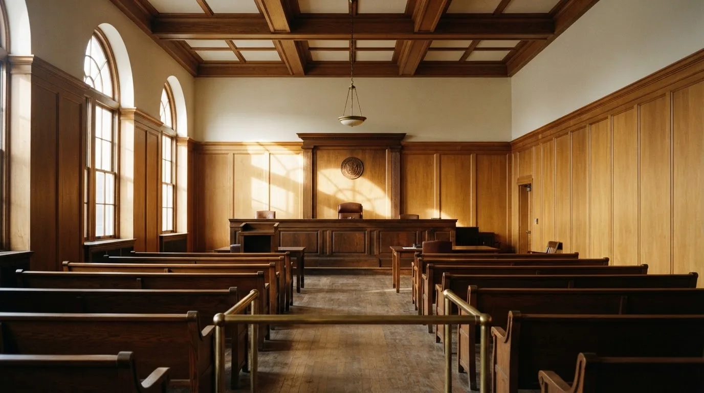 Sala de tribunal vazia com painéis de madeira, à luz da manhã — novo casino em portugal