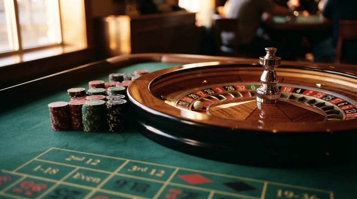 Roda de roleta e fichas sobre feltro verde, sob uma luz quente de fim de tarde — novo casino em portugal