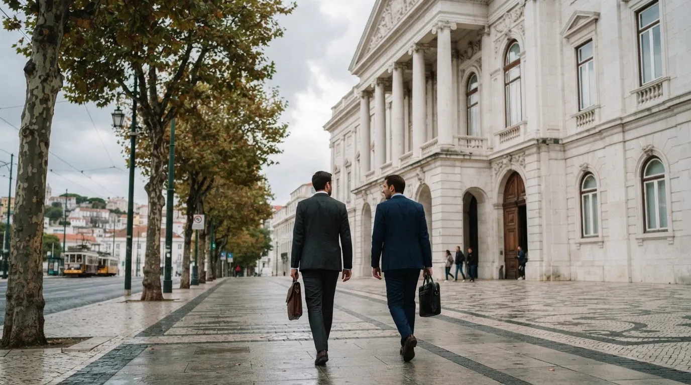 Pessoas de fato a caminhar à frente de um edifício de serviços públicos em Lisboa, com pasta na mão e céu nublado.