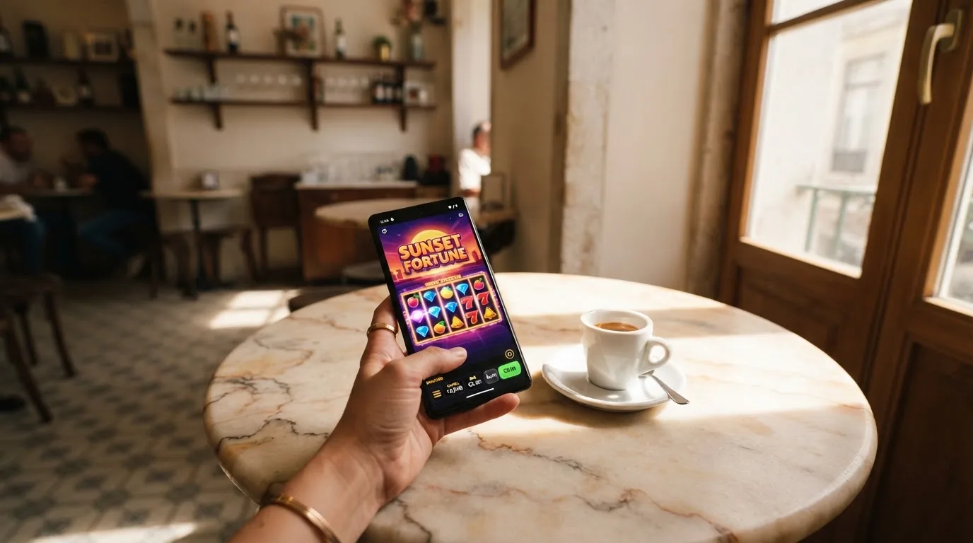 Pessoa a explorar jogos no telemóvel num café, com uma bica na mesa e luz de manhã a entrar pela montra.