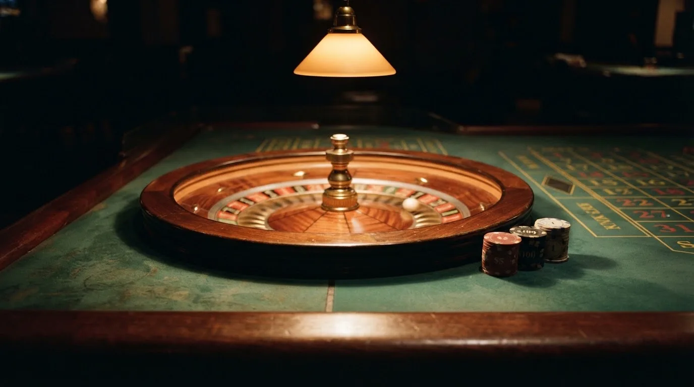 Roda de roleta e fichas sobre feltro verde, sob uma luz quente de fim de tarde — ofertas de casino em portugal
