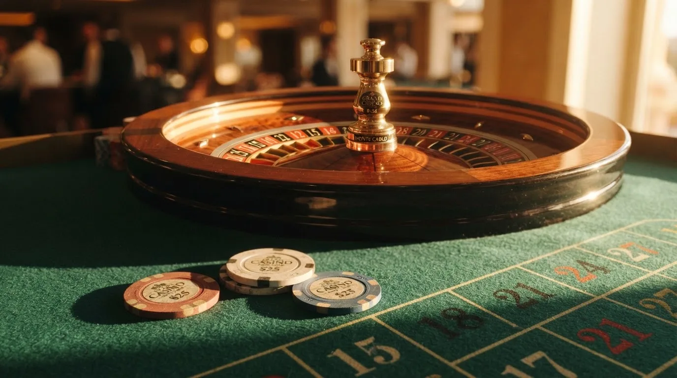 Roda de roleta e fichas sobre feltro verde, sob uma luz quente de fim de tarde — online casino bónus para os portugueses