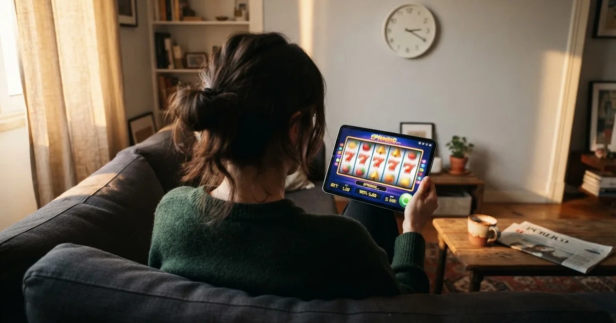 Pessoa num sofá a olhar pensativa para um tablet, com um relógio na parede atrás — online casino bónus para os portugueses
