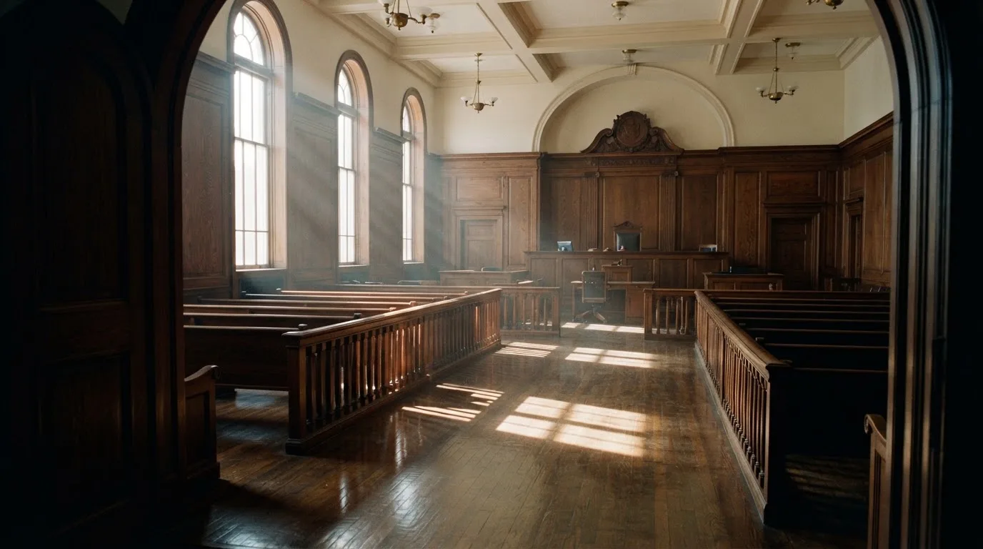 Sala de tribunal vazia com painéis de madeira, à luz da manhã — online casinos em portugal