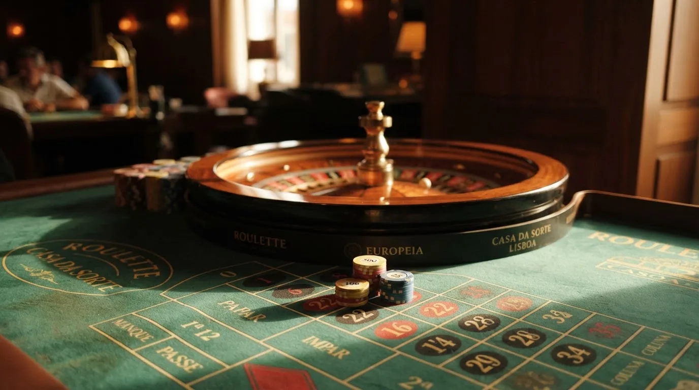 Roda de roleta e fichas sobre feltro verde, sob uma luz quente de fim de tarde — páginas de casino em portugal