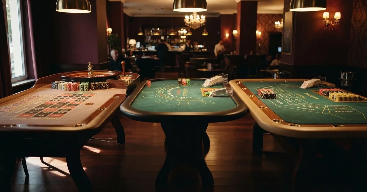 Três mesas de jogo diferentes lado a lado numa sala calma e calorosamente iluminada — páginas de casino em portugal