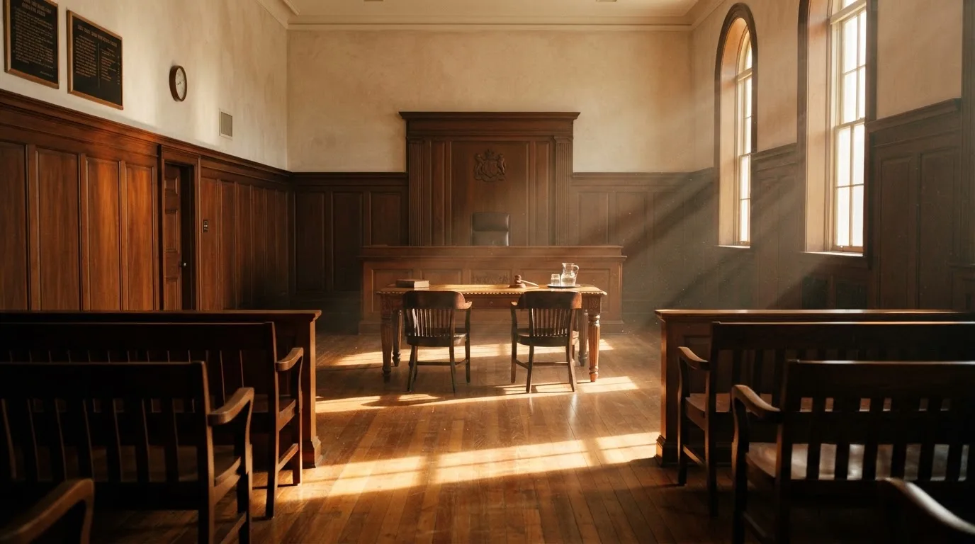 Sala de tribunal vazia com painéis de madeira, à luz da manhã — probabilidades de roleta pt